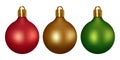 Set of Christmas balls. Three Christmas ornaments. Red, green and gold Christmas bauble. Royalty Free Stock Photo